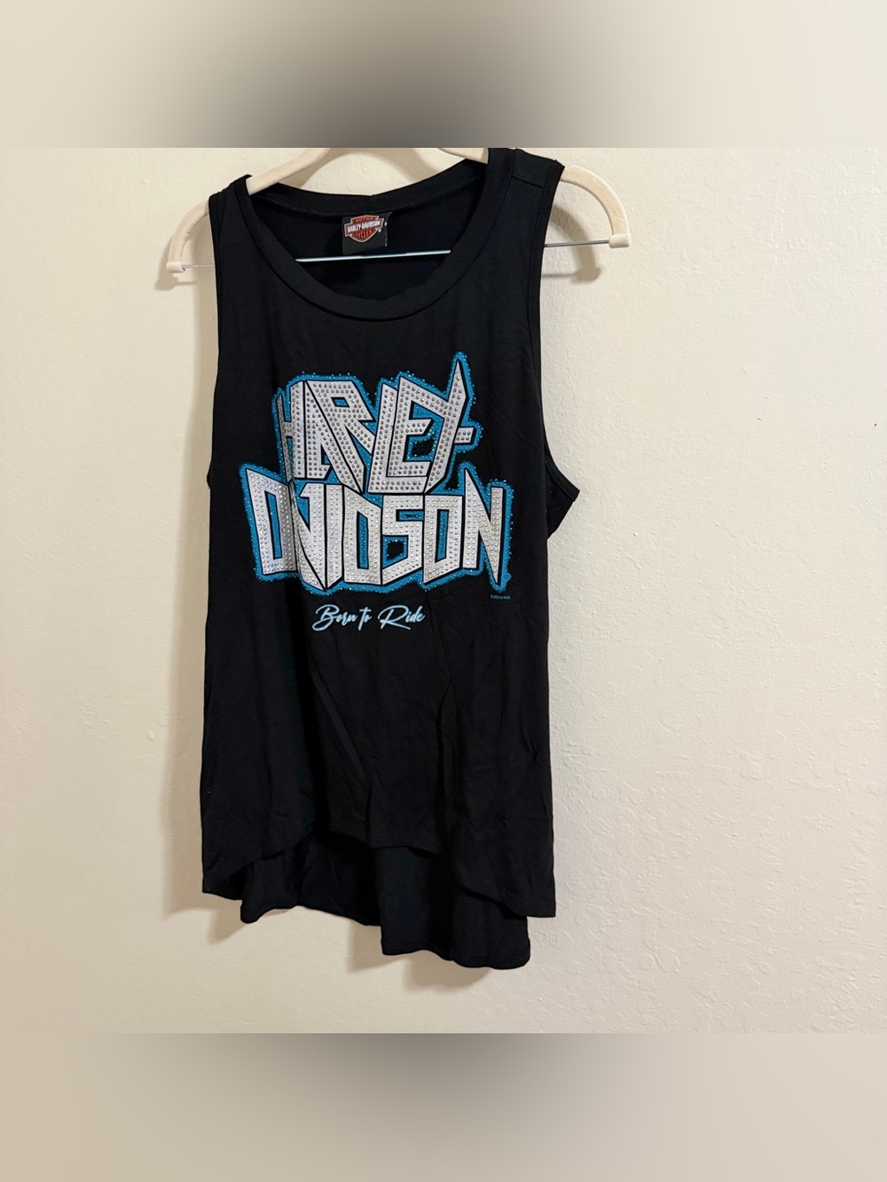 Harley-Davidson Bling Rhinestone Tank Top Medium High Low Teal Blue Born To Ride - Picture 2 of 9